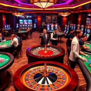 THA BET - Players enjoying high-stakes action at a luxurious casino featuring roulette and poker tables.