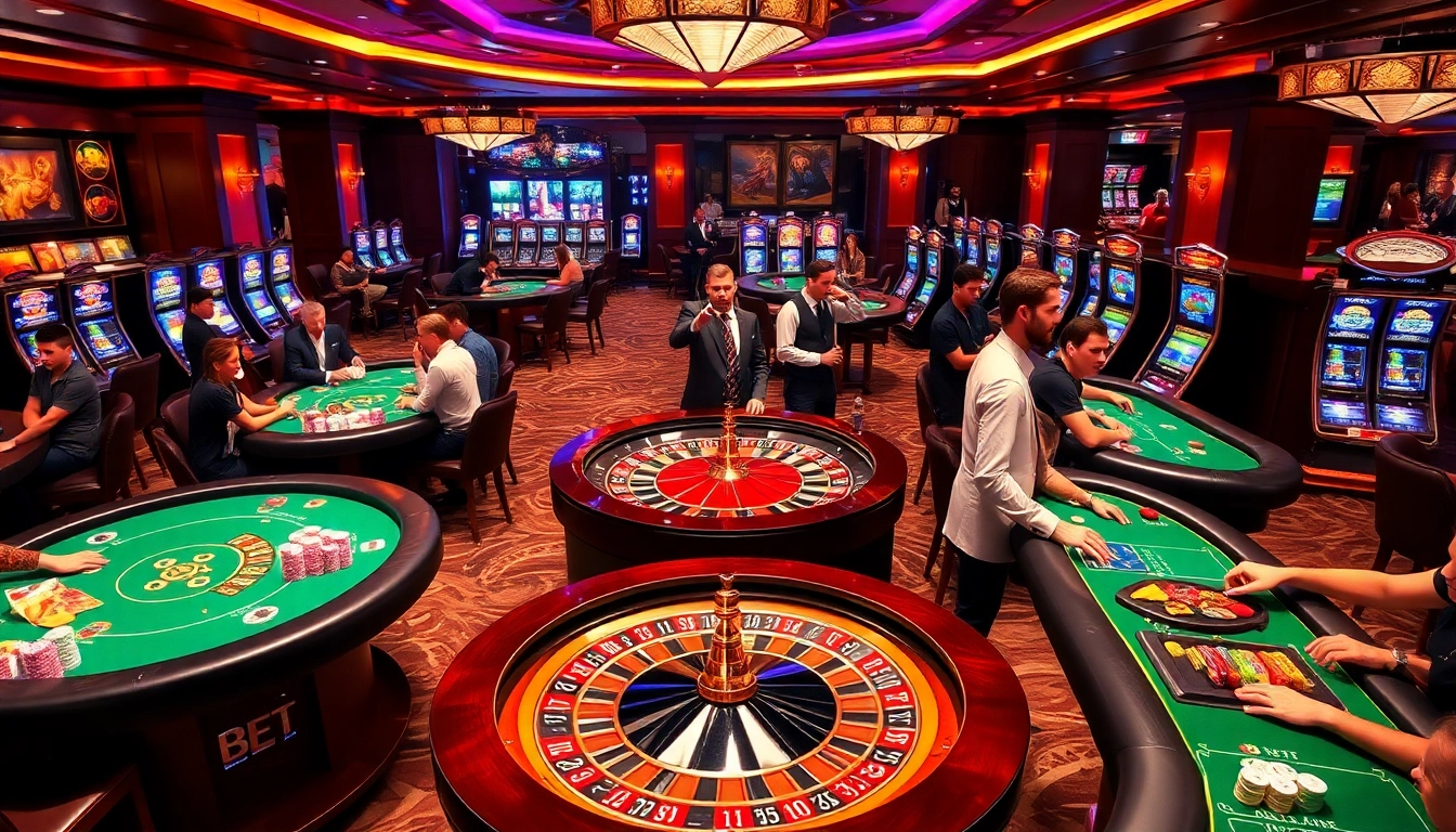 THA BET - Players enjoying high-stakes action at a luxurious casino featuring roulette and poker tables.