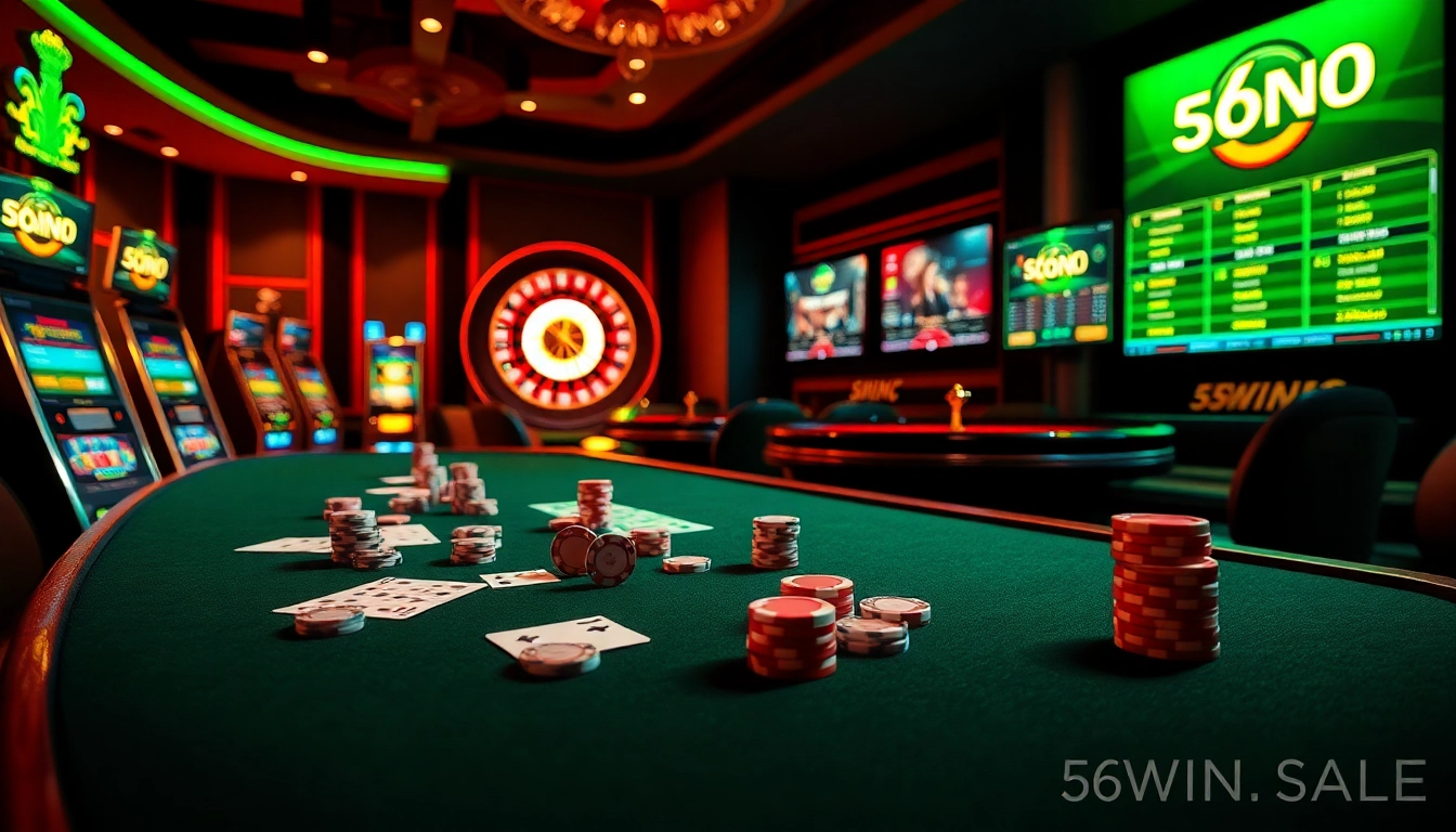 Experience the thrill of gambling at 56WIN.SALE with vibrant casino visuals showcasing poker tables and slot machines.