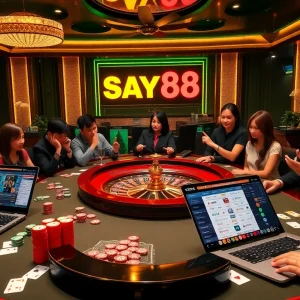 SAY88 players enjoying a thrilling game at a luxurious casino table with poker chips and cards.