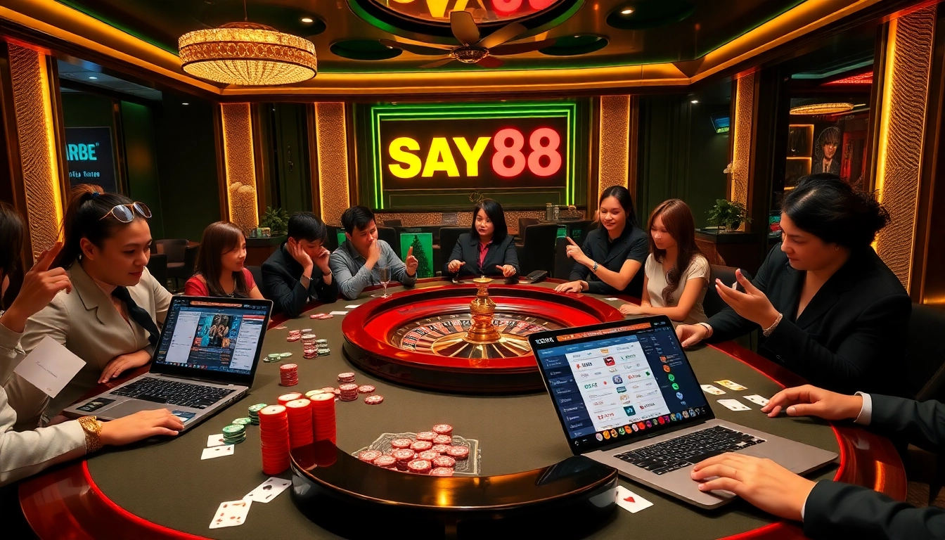 SAY88 players enjoying a thrilling game at a luxurious casino table with poker chips and cards.