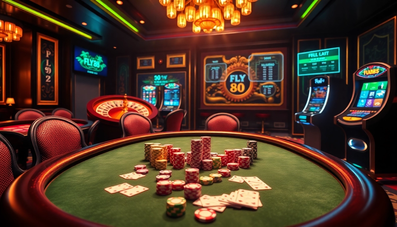 Experience FLY 88 in a luxurious casino with lively games, vibrant poker chips, and exciting ambiance.