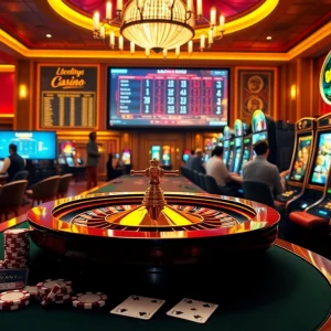 Experience the thrilling atmosphere of LuckyWins Casino with an elegant roulette wheel and vibrant gaming action.