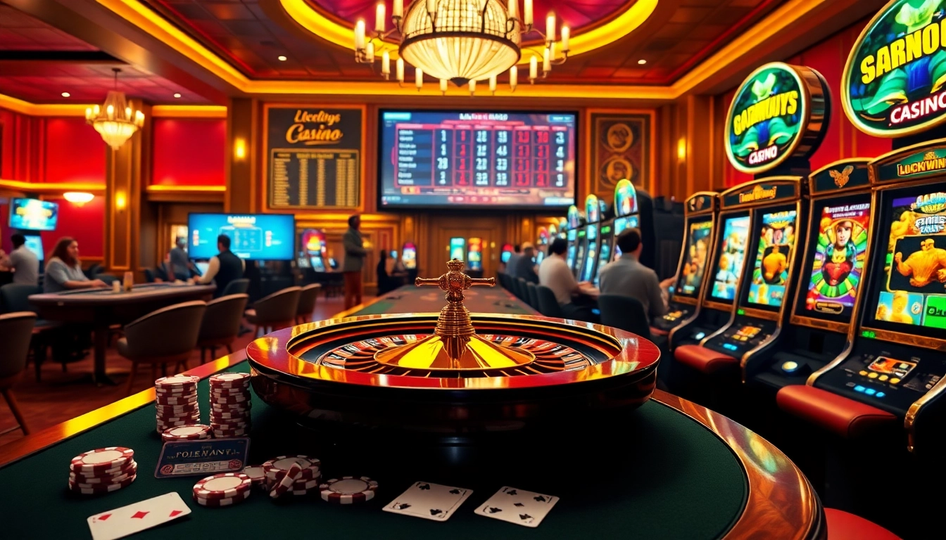 Experience the thrilling atmosphere of LuckyWins Casino with an elegant roulette wheel and vibrant gaming action.