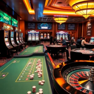 Players enjoying thrilling online casino games at MM88, illuminated by warm lights and vibrant colors.