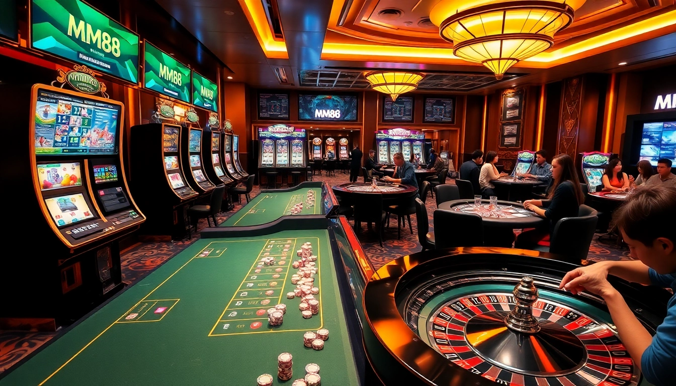 Players enjoying thrilling online casino games at MM88, illuminated by warm lights and vibrant colors.