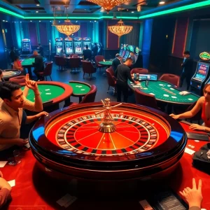 Experience the excitement of nhà cái BL555 with players enjoying high-stakes gambling at a luxurious casino.