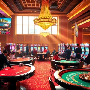 Excited gamblers engaging in games at LUCK8882 casino, showcasing luxury gaming tables and vibrant slot machines.