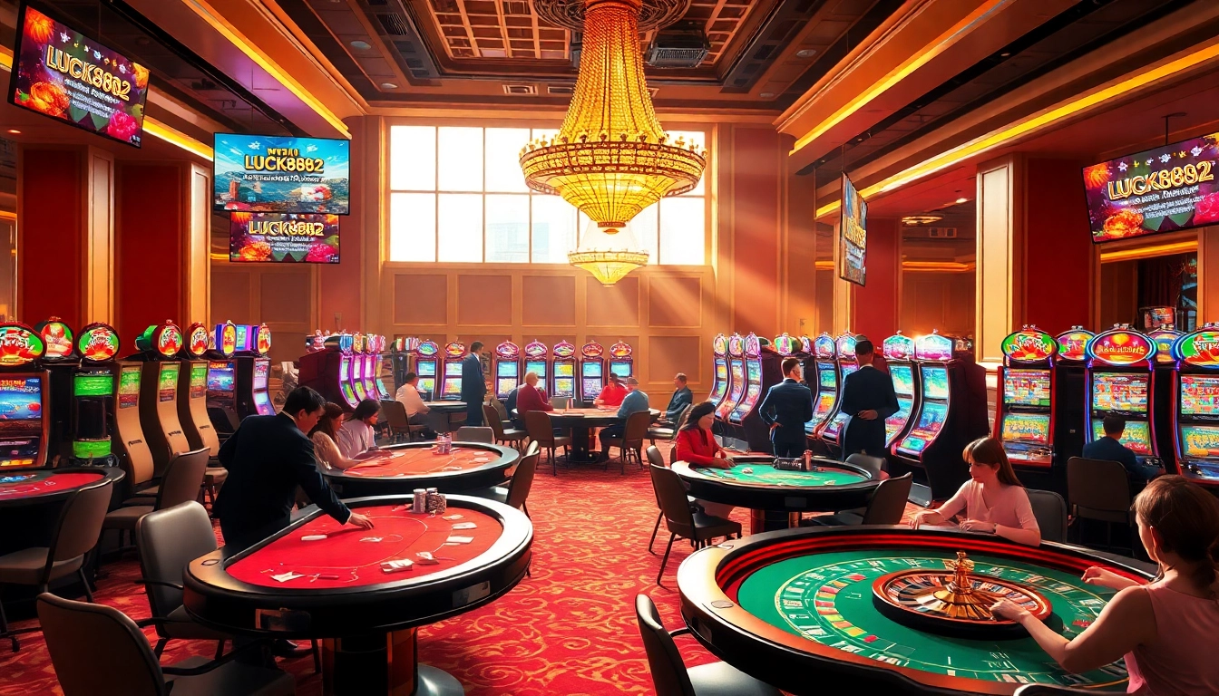 Excited gamblers engaging in games at LUCK8882 casino, showcasing luxury gaming tables and vibrant slot machines.