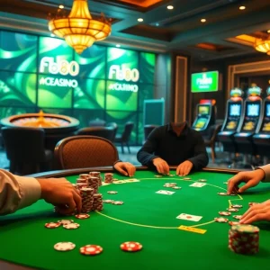 Players strategizing at a poker table in the Fb88 casino, rich colors and excitement in the air.