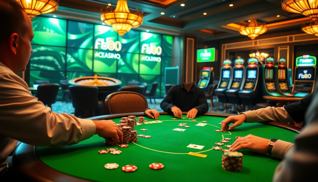 Players strategizing at a poker table in the Fb88 casino, rich colors and excitement in the air.