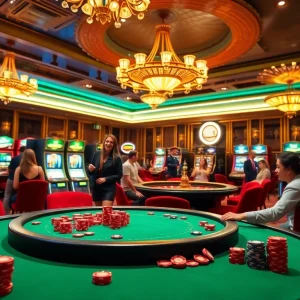 Players enjoy a thrilling game at a luxurious casino featuring rr99 betting slips amidst vibrant lights.