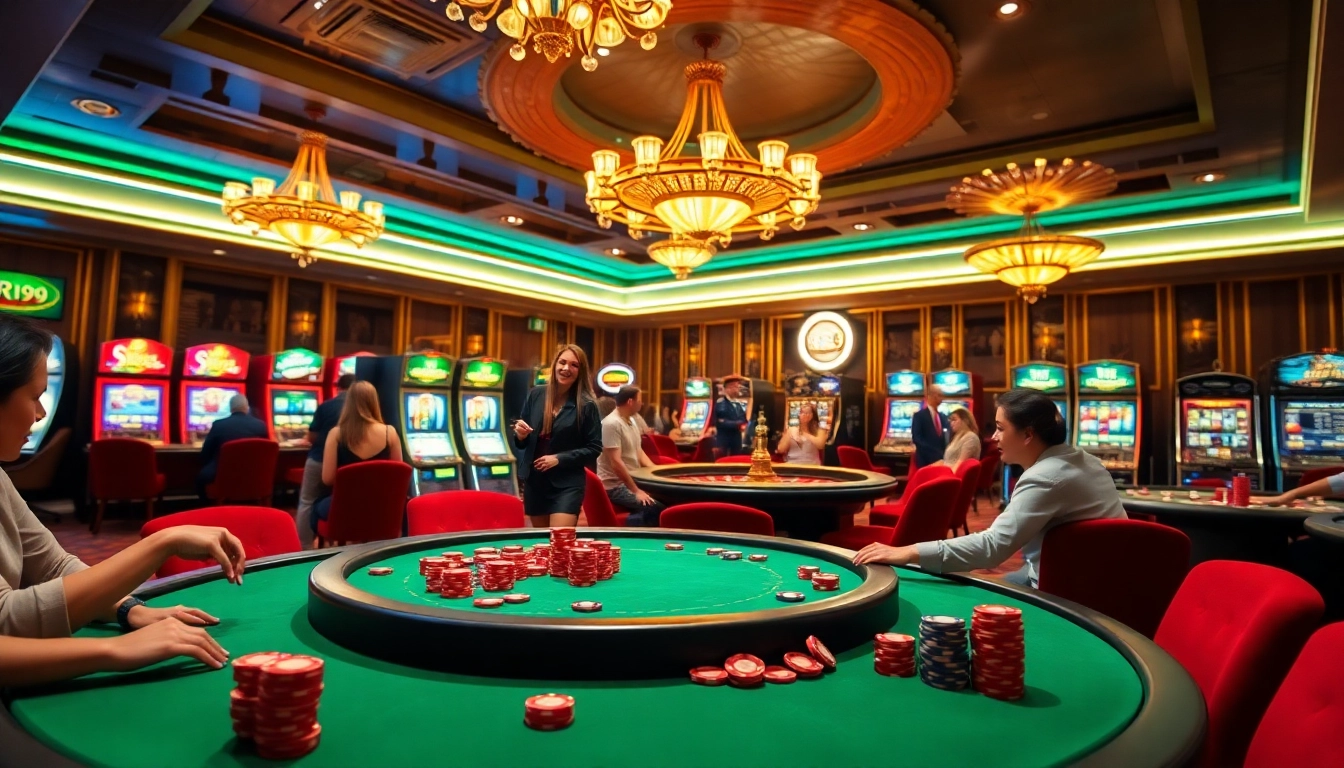 Players enjoy a thrilling game at a luxurious casino featuring rr99 betting slips amidst vibrant lights.