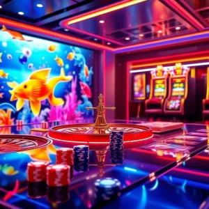 Bắn cá đổi thưởng excitement in a luxurious online gambling scene featuring marine life and casino elements.