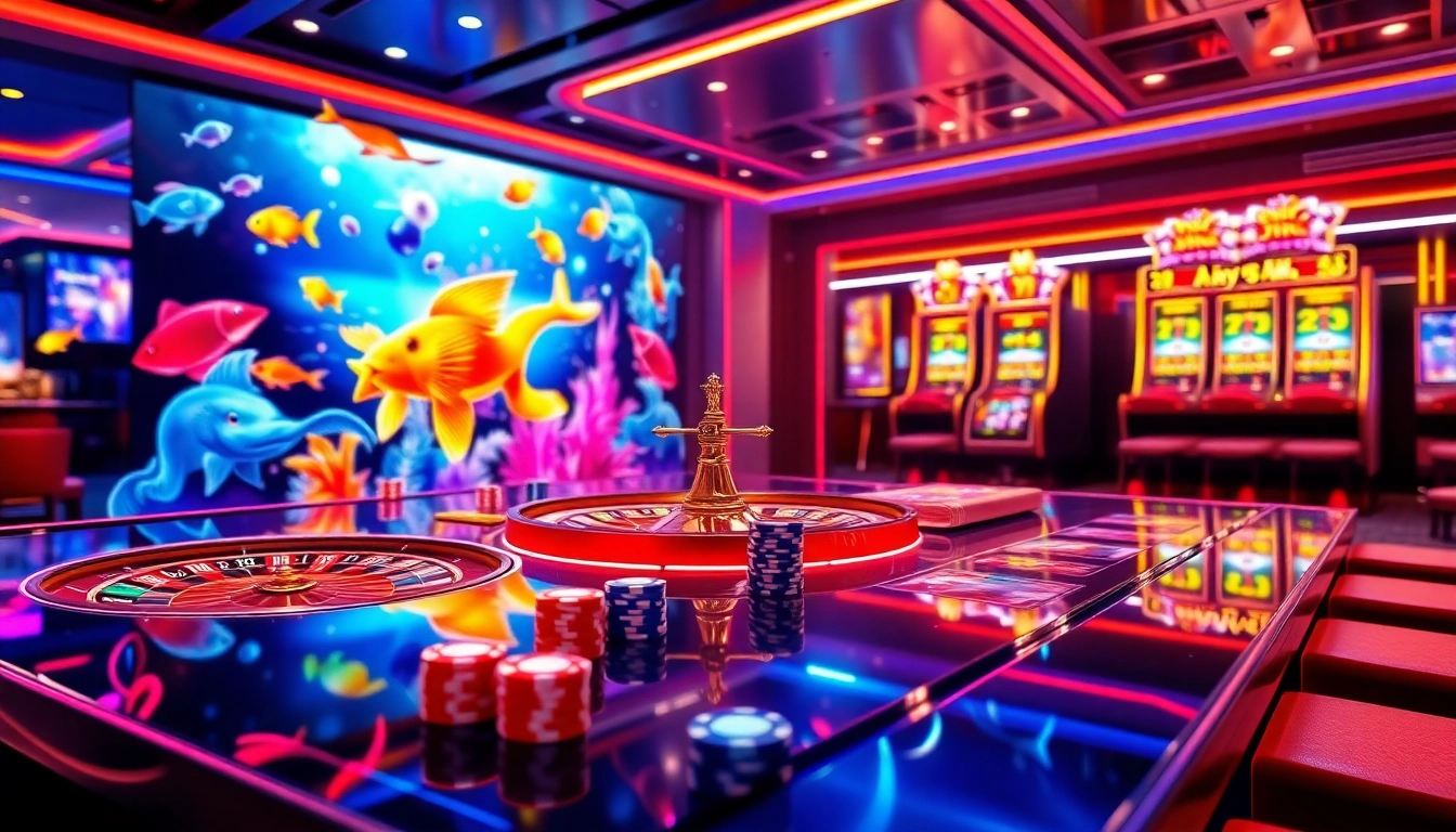 Bắn cá đổi thưởng excitement in a luxurious online gambling scene featuring marine life and casino elements.