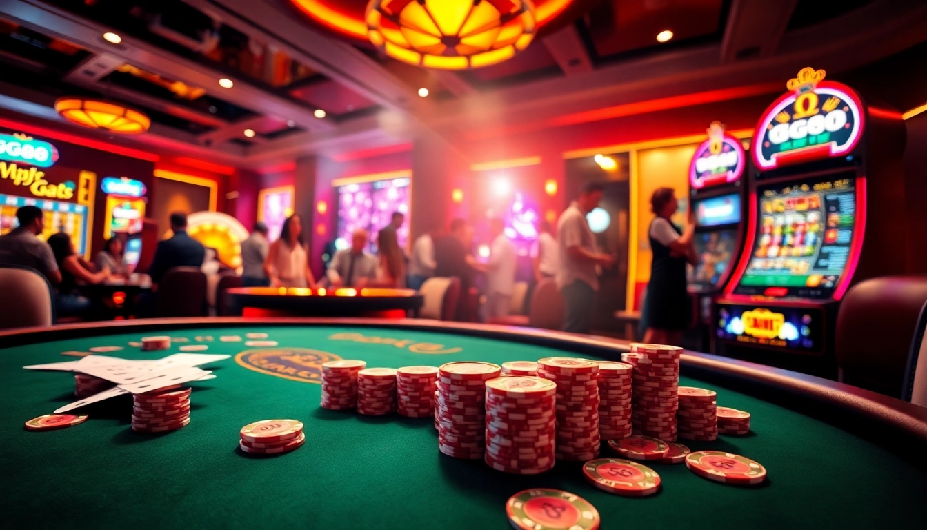 Experience thrilling gaming at GG88 with an exciting casino scene featuring poker, roulette, and slots.