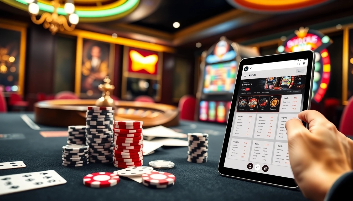 Experience the thrilling action of RIKVIP online casino with casino tables, poker chips, and vibrant slots.