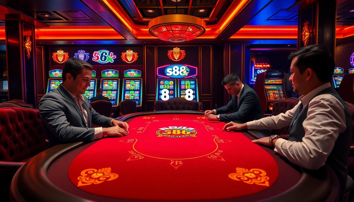 S88 poker game action at a luxurious casino table with vibrant slot machines.