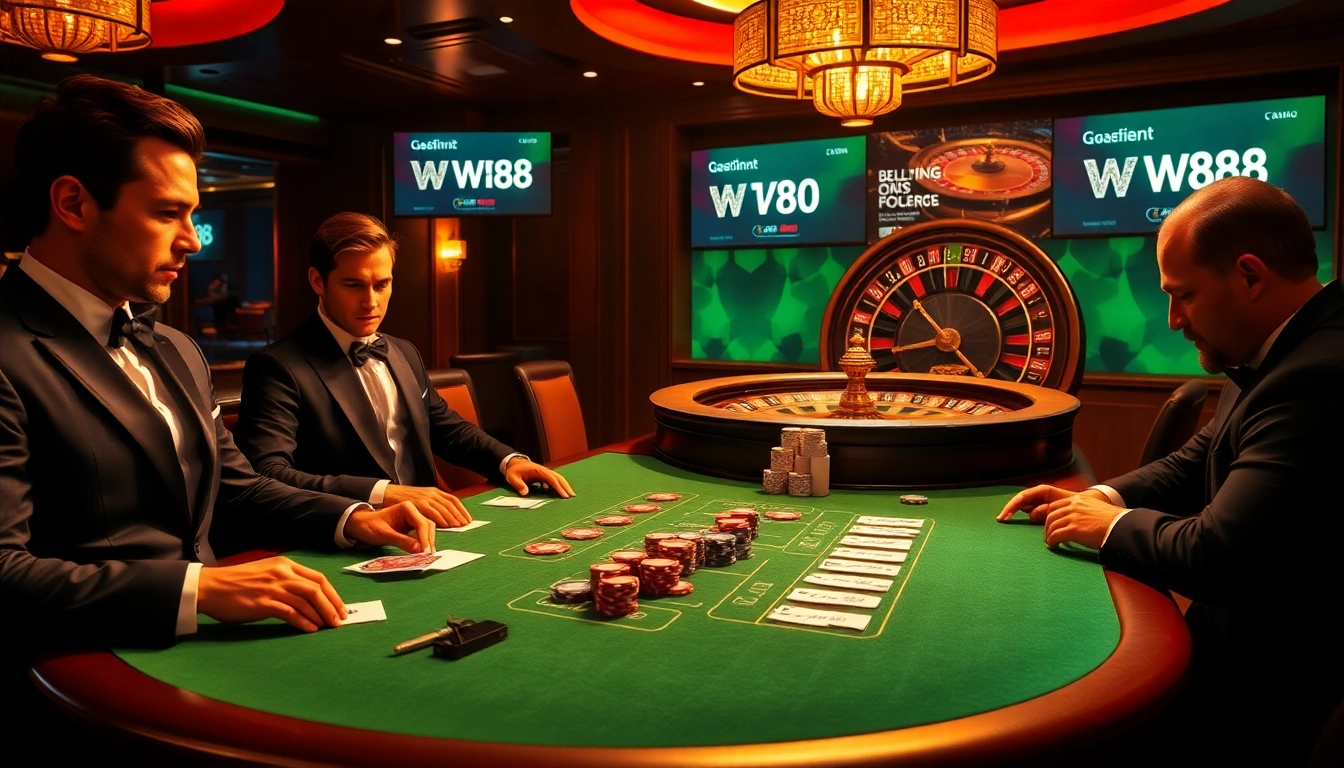 Players engage in a high-stakes poker game at W88's luxurious casino, with vibrant chips and a roulette wheel visible.