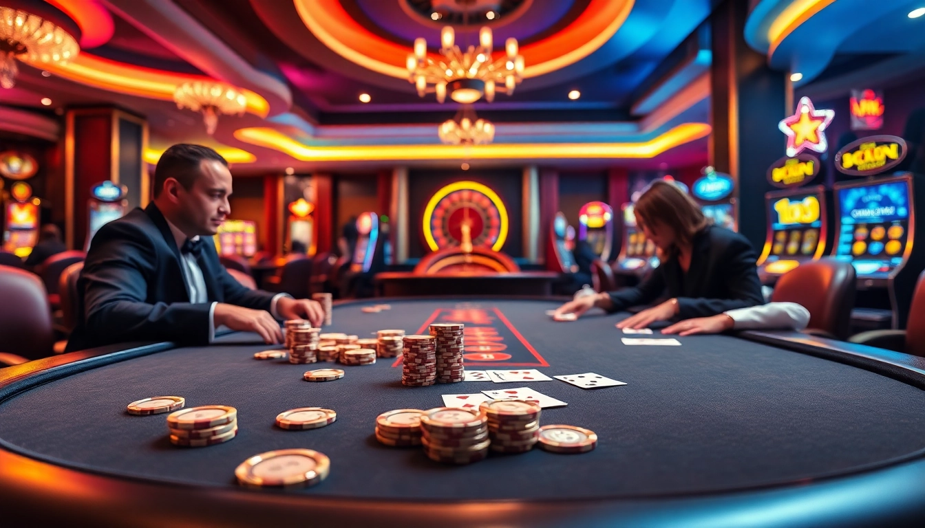 Gamblers enjoying a thrilling game of poker at CM88 casino, surrounded by vibrant slot machines and roulette.