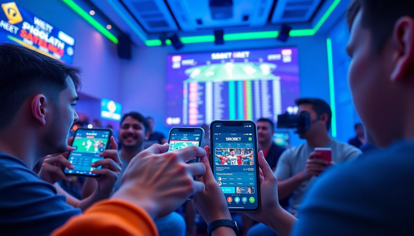 Vibrant depiction of sbobet.dance showcasing online sports betting, engaging gamers, and dynamic interface.