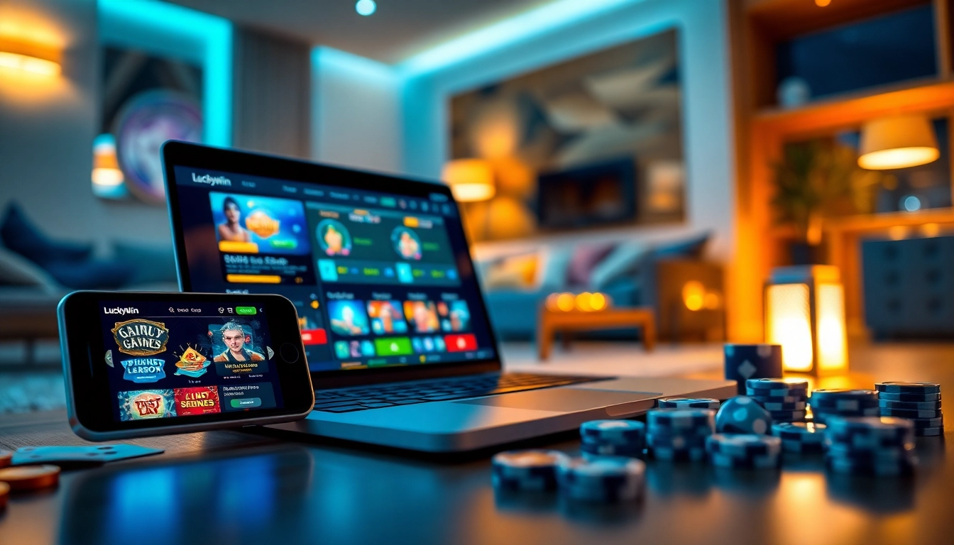 Engaging online gambling experience at https://luckywin.name showcasing vibrant digital interface and gaming props.