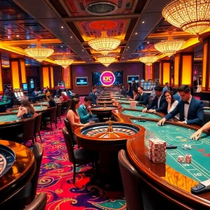 KJC branding comes to life in a sophisticated casino scene with players engaging at gaming tables.