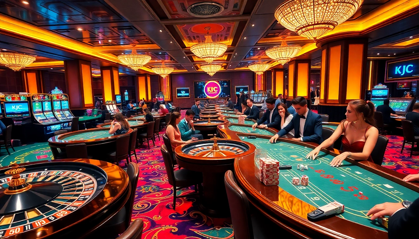 KJC branding comes to life in a sophisticated casino scene with players engaging at gaming tables.