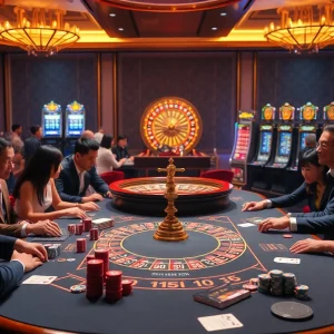 Players enjoying exciting casino games at https://fly88seo.com/, surrounded by vibrant tables and slot machines.
