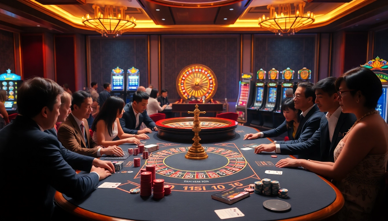 Players enjoying exciting casino games at https://fly88seo.com/, surrounded by vibrant tables and slot machines.