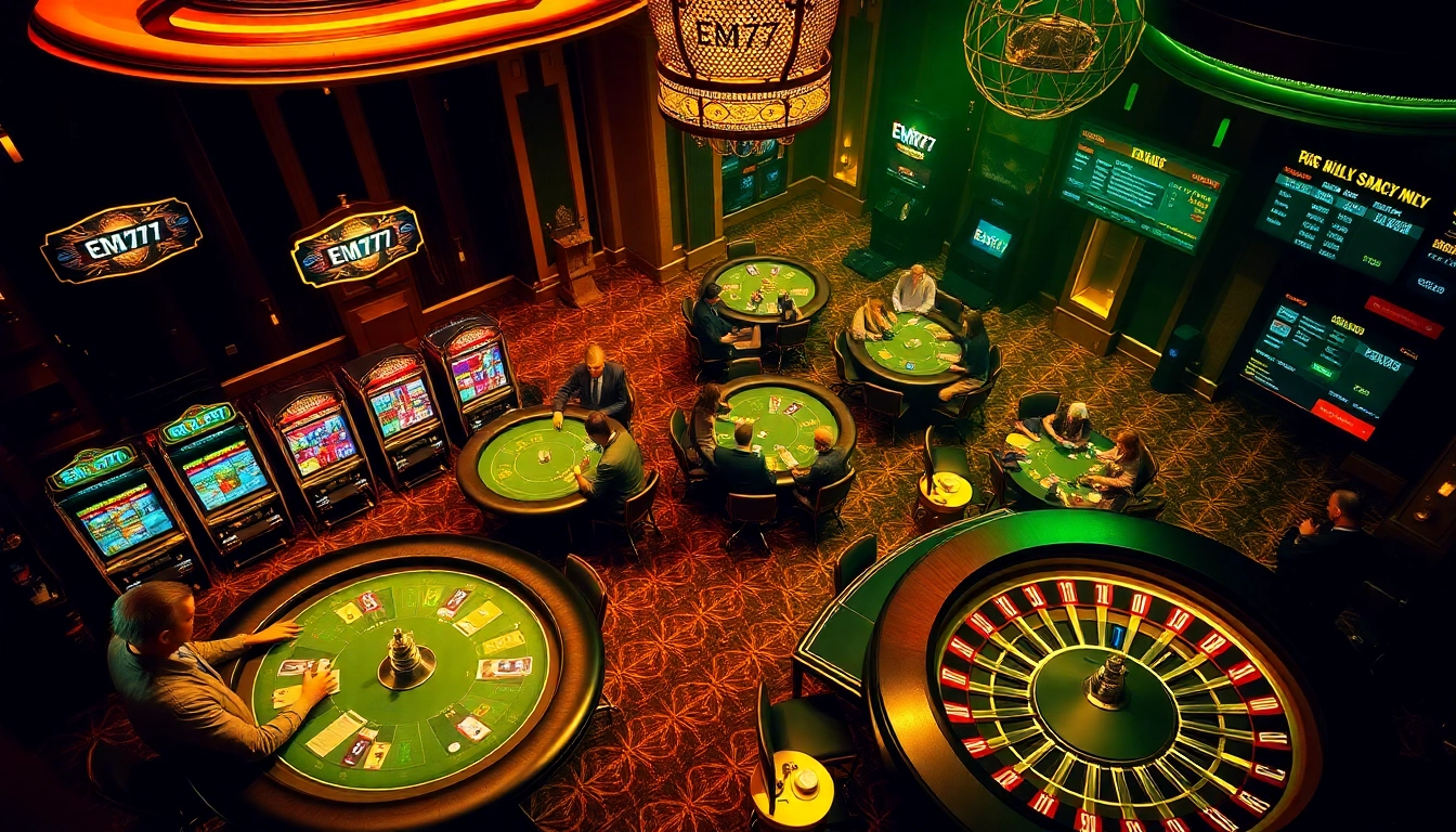 EM777 players engaging at a poker table with vibrant slot machines and a roulette wheel.