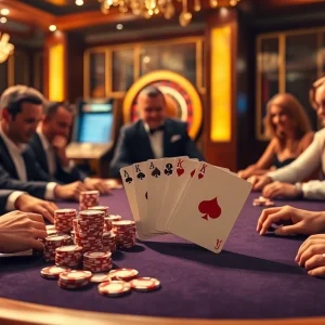 High-stakes poker at LC88M.COM with players and vibrant casino elements.