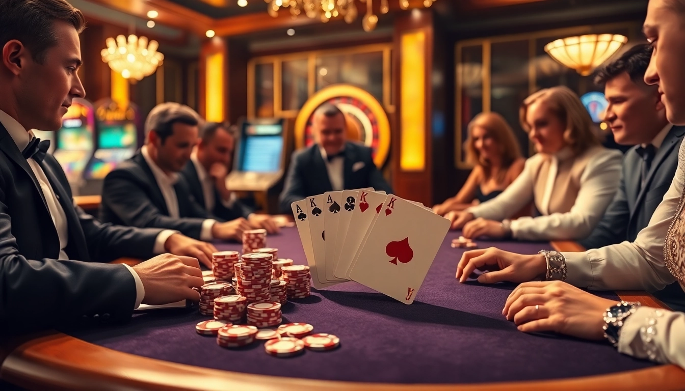 High-stakes poker at LC88M.COM with players and vibrant casino elements.