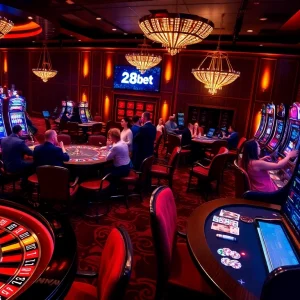 Experience thrilling gameplay with 28bet in a luxurious casino atmosphere filled with roulette wheels and slot machines.