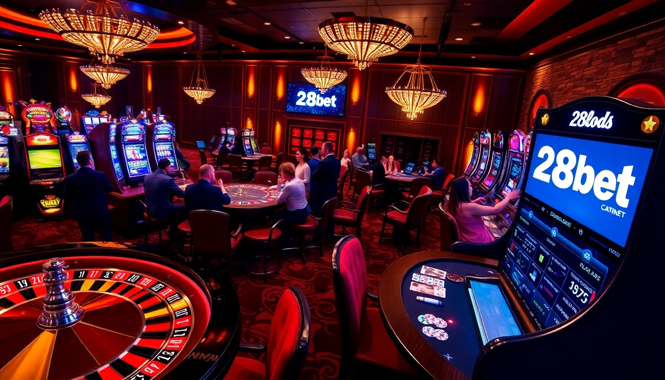 Experience thrilling gameplay with 28bet in a luxurious casino atmosphere filled with roulette wheels and slot machines.
