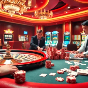 UU88 players engaging intensely at a poker table with vibrant casino elements.