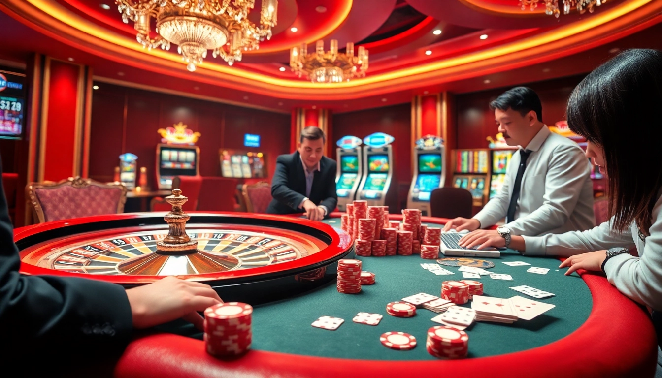 UU88 players engaging intensely at a poker table with vibrant casino elements.