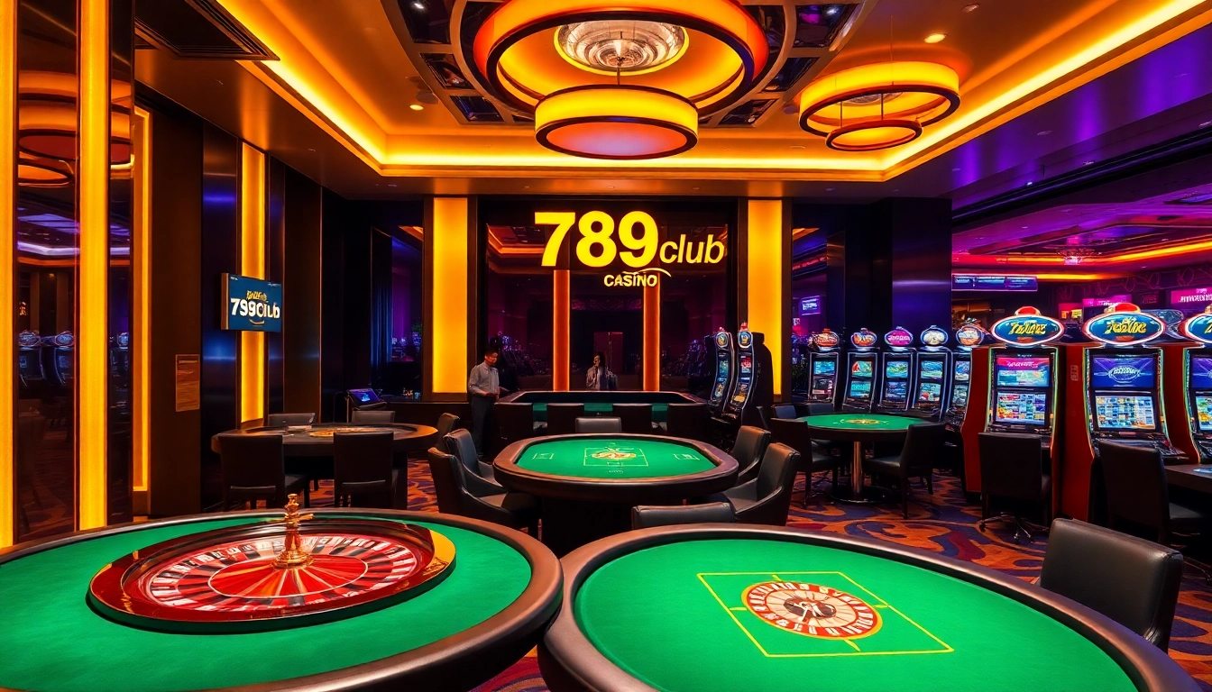 A vibrant online casino scene showcasing nhà cái 789club with poker tables and slot machines in an inviting atmosphere.