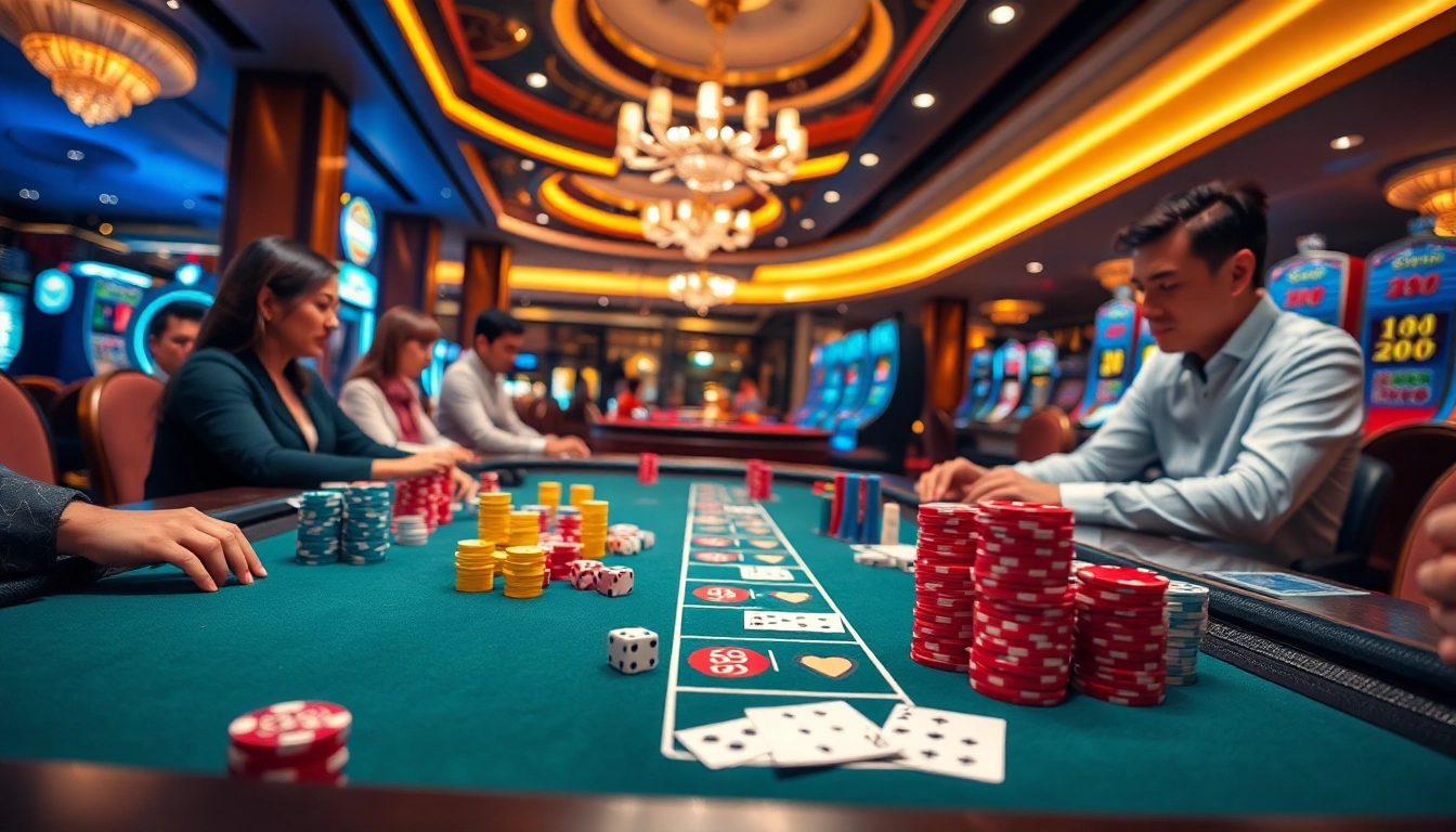 Engage in the thrilling Game Tài xỉu md5 with players at a luxurious casino table surrounded by vibrant gambling elements.
