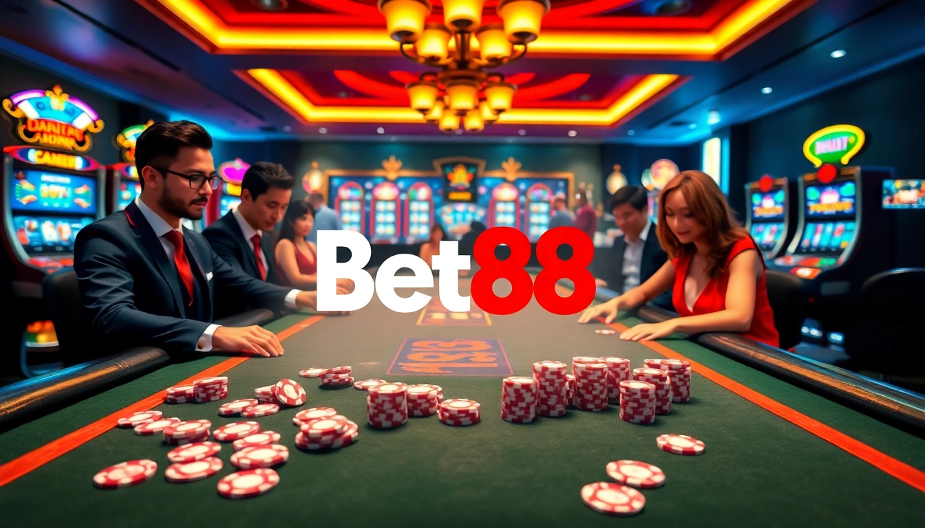 Experience luxury gambling with Nhà cái uy tín Bet88 in a vibrant casino setting featuring slot machines.
