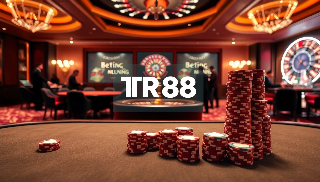 Engage in thrilling gambling action with TR88 casino chips on a stylish poker table.