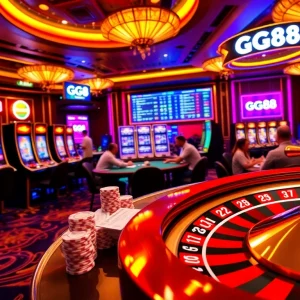Experience the thrill of GG88 with vibrant casino visuals featuring poker tables and slot machines.