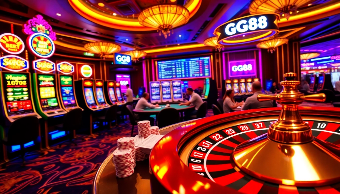 Experience the thrill of GG88 with vibrant casino visuals featuring poker tables and slot machines.