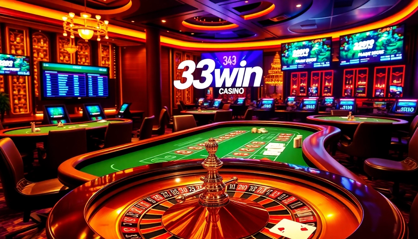 Experience the thrill of online gambling with 33win at a luxurious casino featuring a lively roulette wheel and poker table.