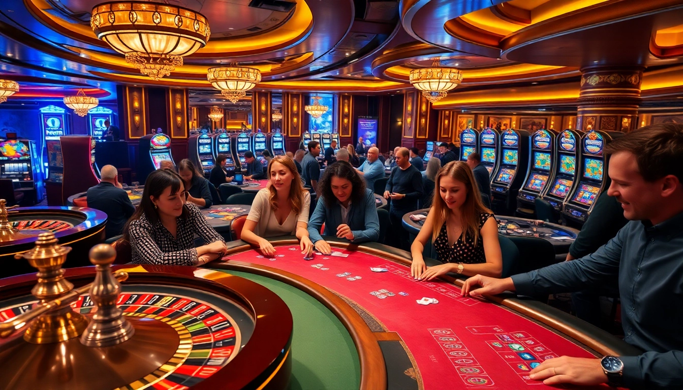 Engaging gamblers enjoying vibrant games at https://nohu.business/, showcasing colorful chips and excitement.