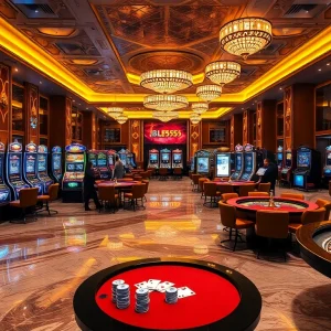 Experience the thrill of BL555 at a luxurious casino with poker tables and vibrant slot machines.