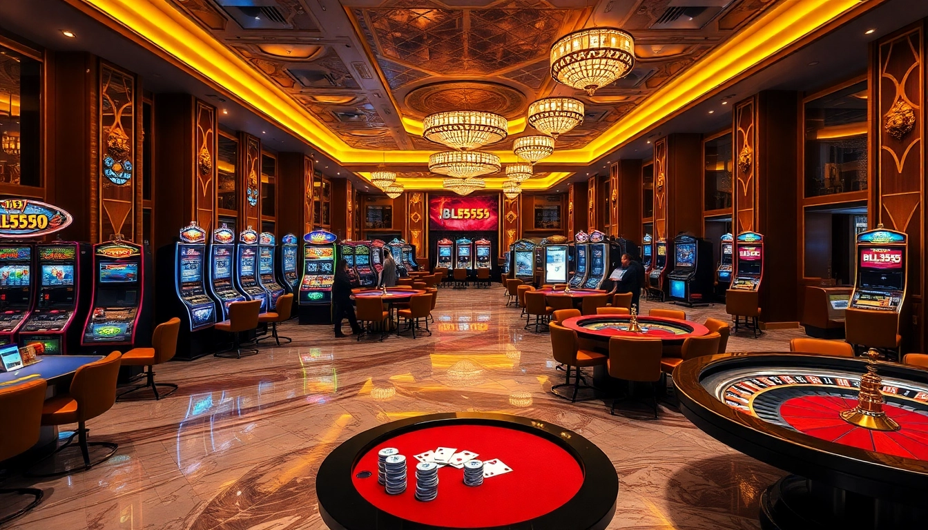 Experience the thrill of BL555 at a luxurious casino with poker tables and vibrant slot machines.