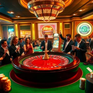 Rikvip players enjoying a high-stakes casino game at a luxurious roulette table.