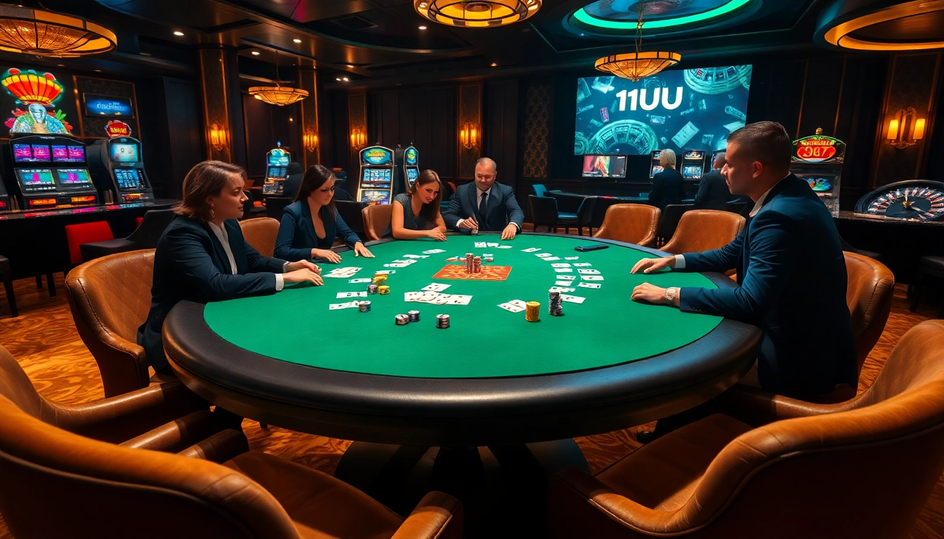 Players enjoying a high-stakes poker game at 11UU's glamorous casino.