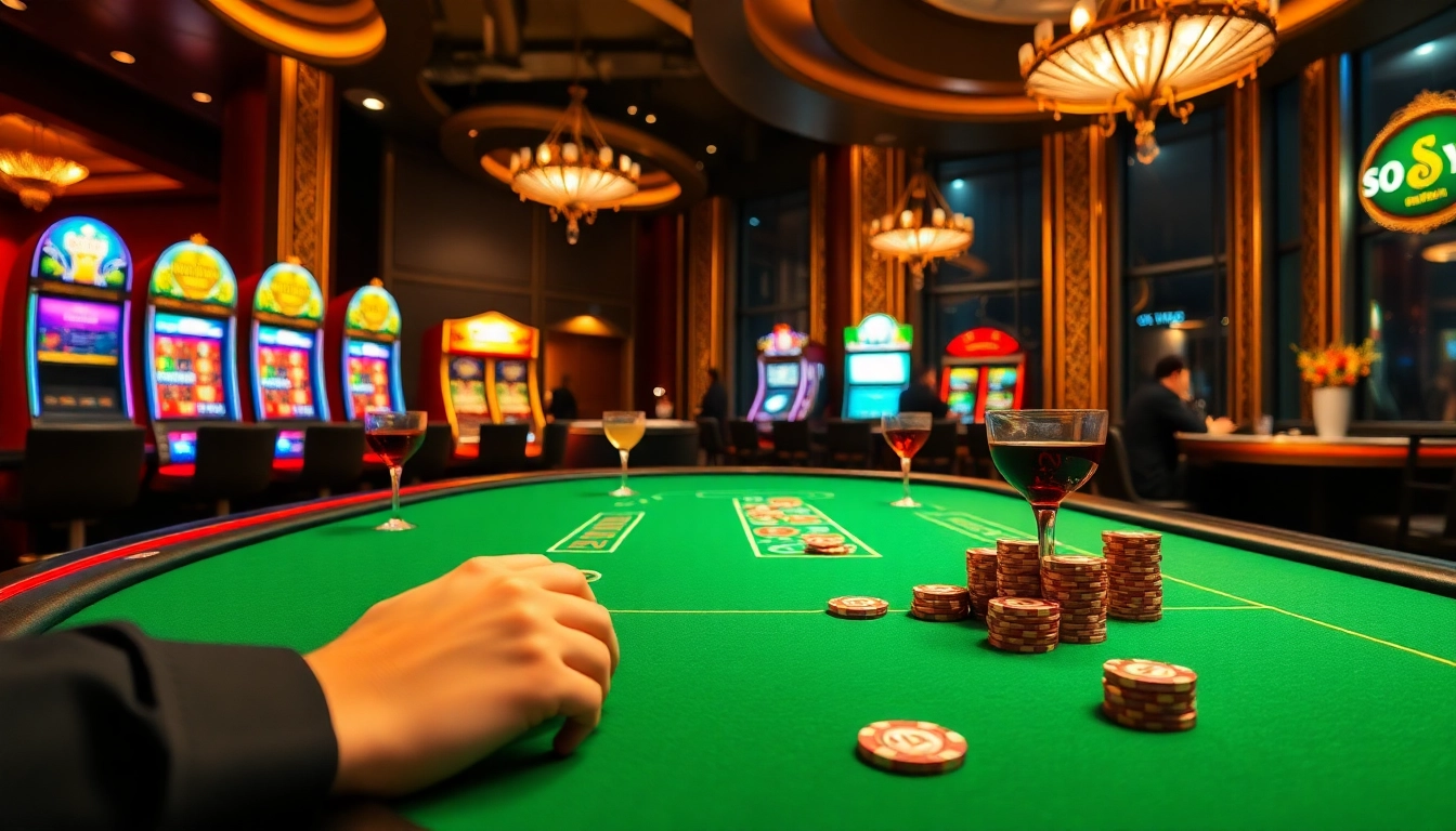 In a luxurious SODO casino, players engage at a poker table while vibrant slot machines glow.